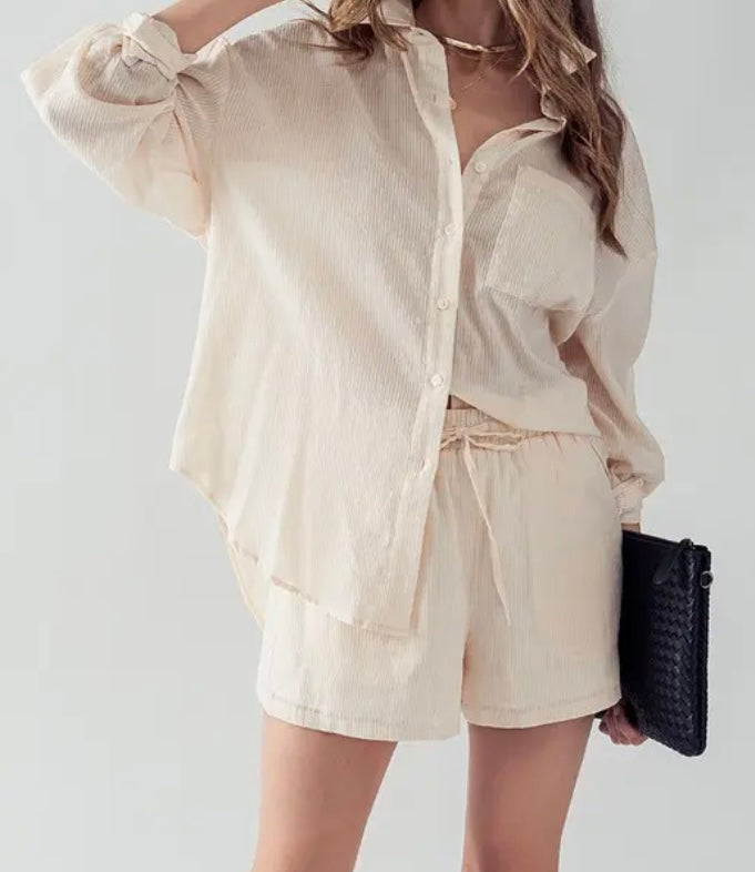 Striped Front Pocket Long Sleeve Oversized Shirt and Shirt Set