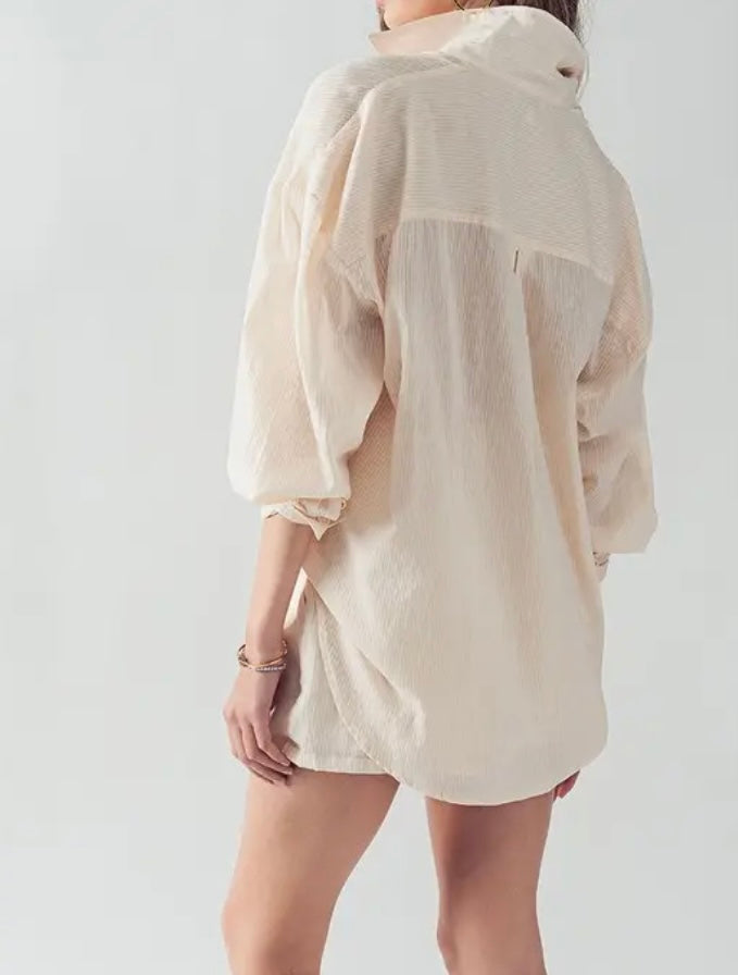 Striped Front Pocket Long Sleeve Oversized Shirt and Shirt Set