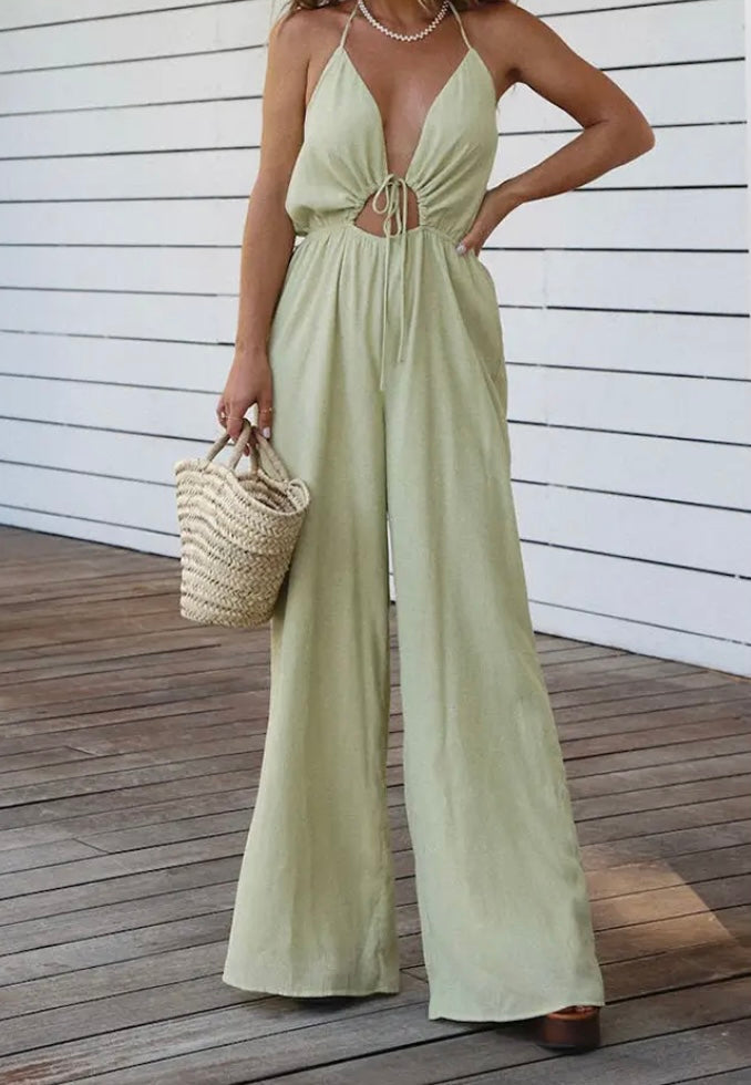 V Neck Halter Backless Wide Leg Jumpsuit