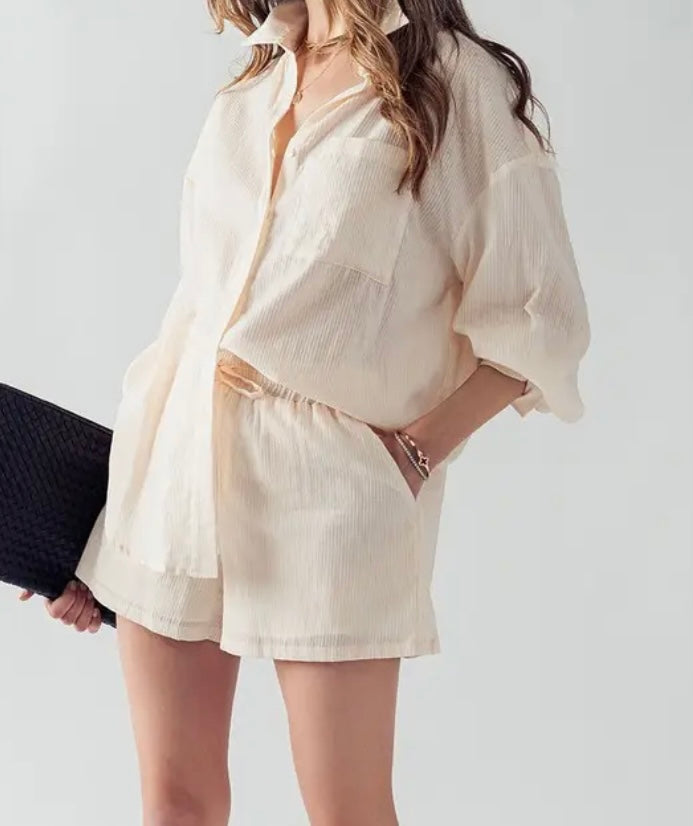 Striped Front Pocket Long Sleeve Oversized Shirt and Shirt Set