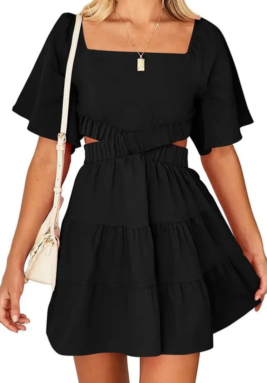 Square neck waist cut out dress