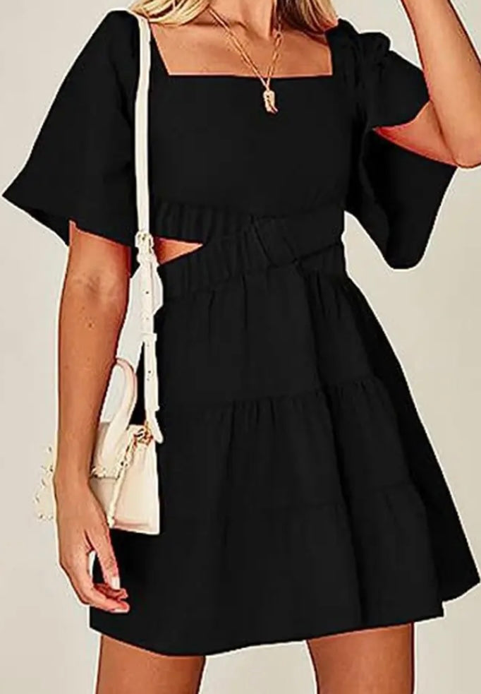 Square neck waist cut out dress