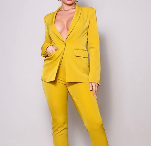 Mustard one button blazer & tapered trouser suit set