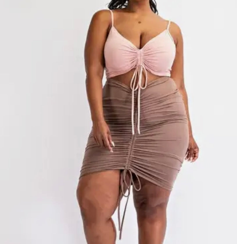 Curvy sized blush and brown dress