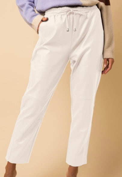 Cream Faux Leather Draw String Pants