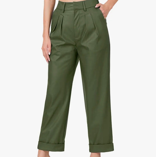 Green Pleated Faux Leather Pants