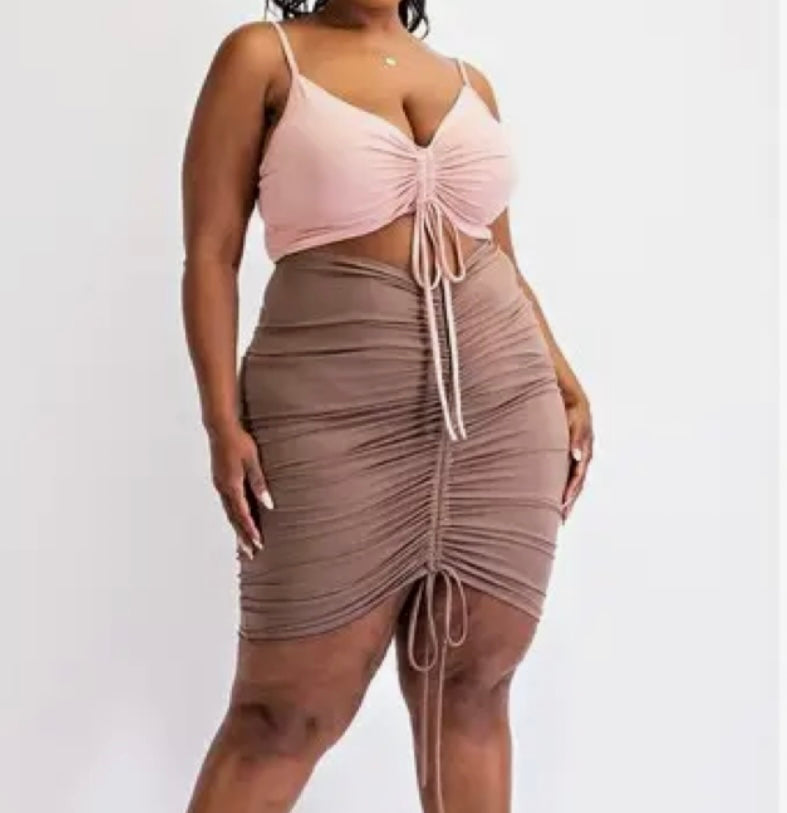 Curvy sized blush and brown dress